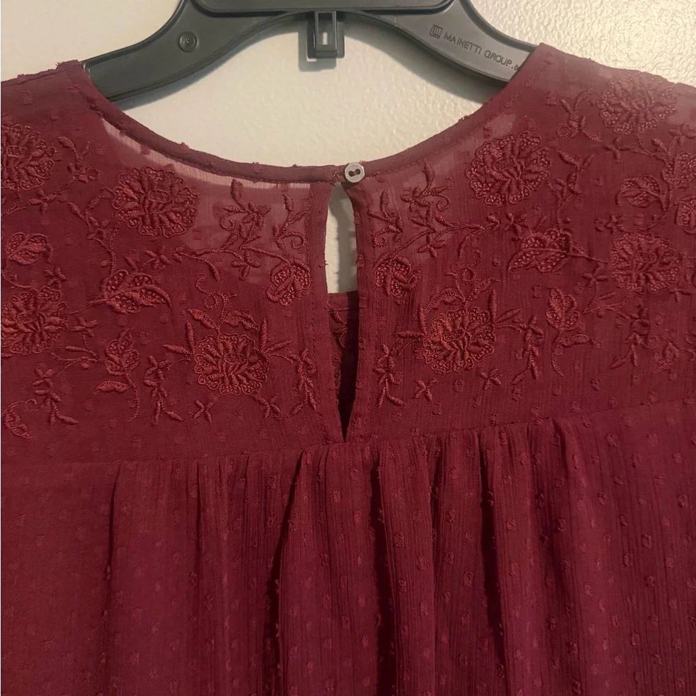 Abercrombie & Fitch Maroon Swiss Dot Sheer sleeve embroidered short dress PS
